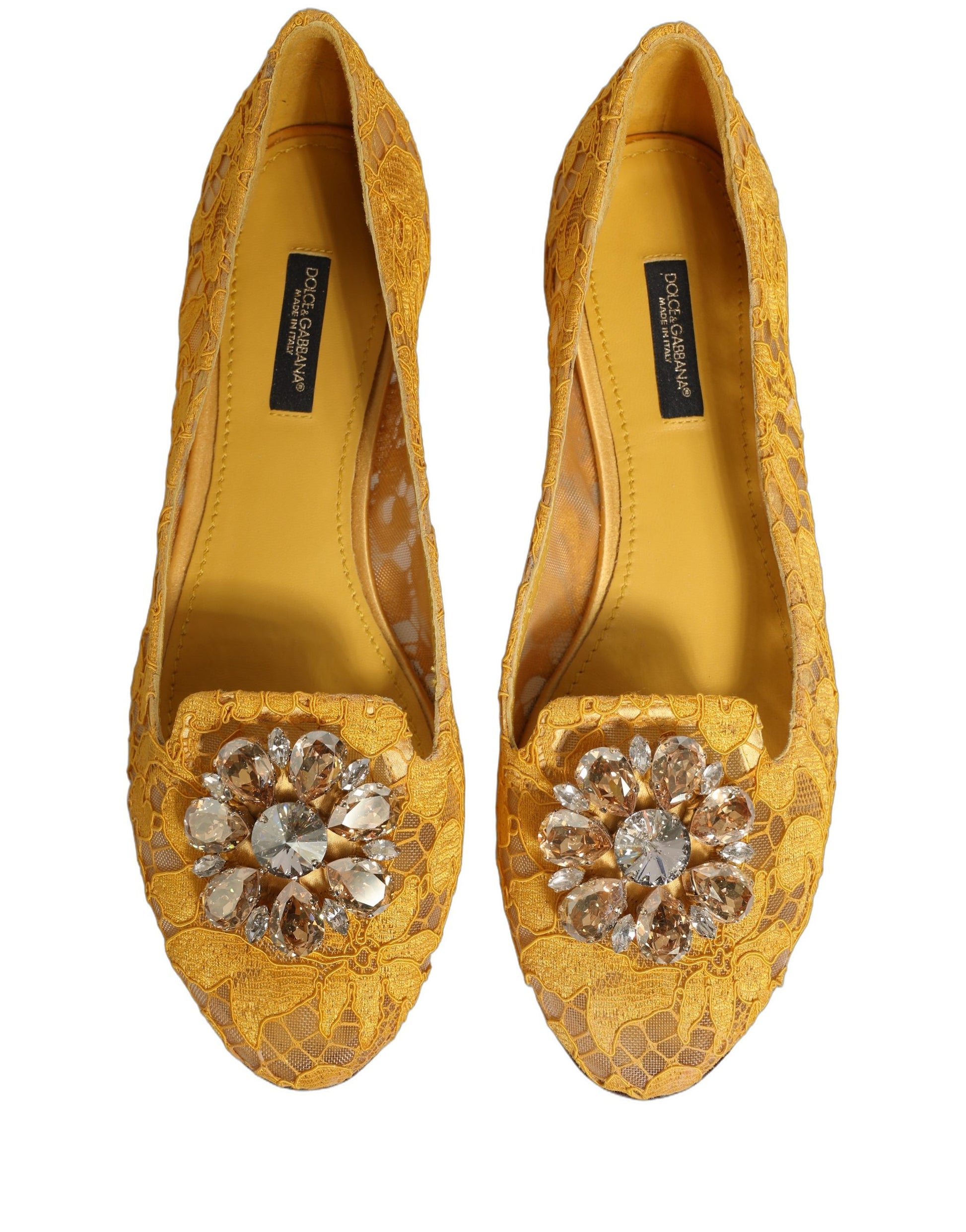 Yellow Taormina Lace Crystals Flats Shoes