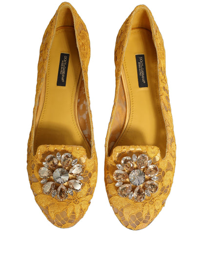 Yellow Taormina Lace Crystals Flats Shoes