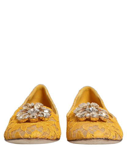 Yellow Taormina Lace Crystals Flats Shoes