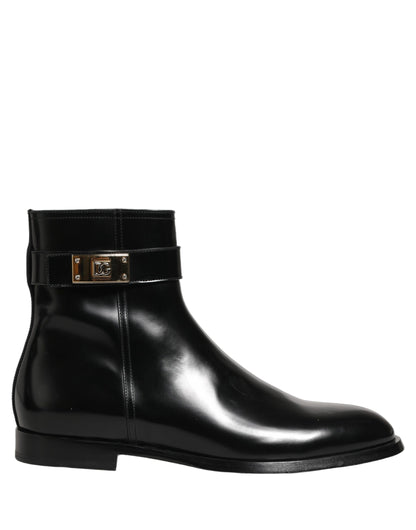 Black Leather Logo Buckle Mid Calf Boots Shoes