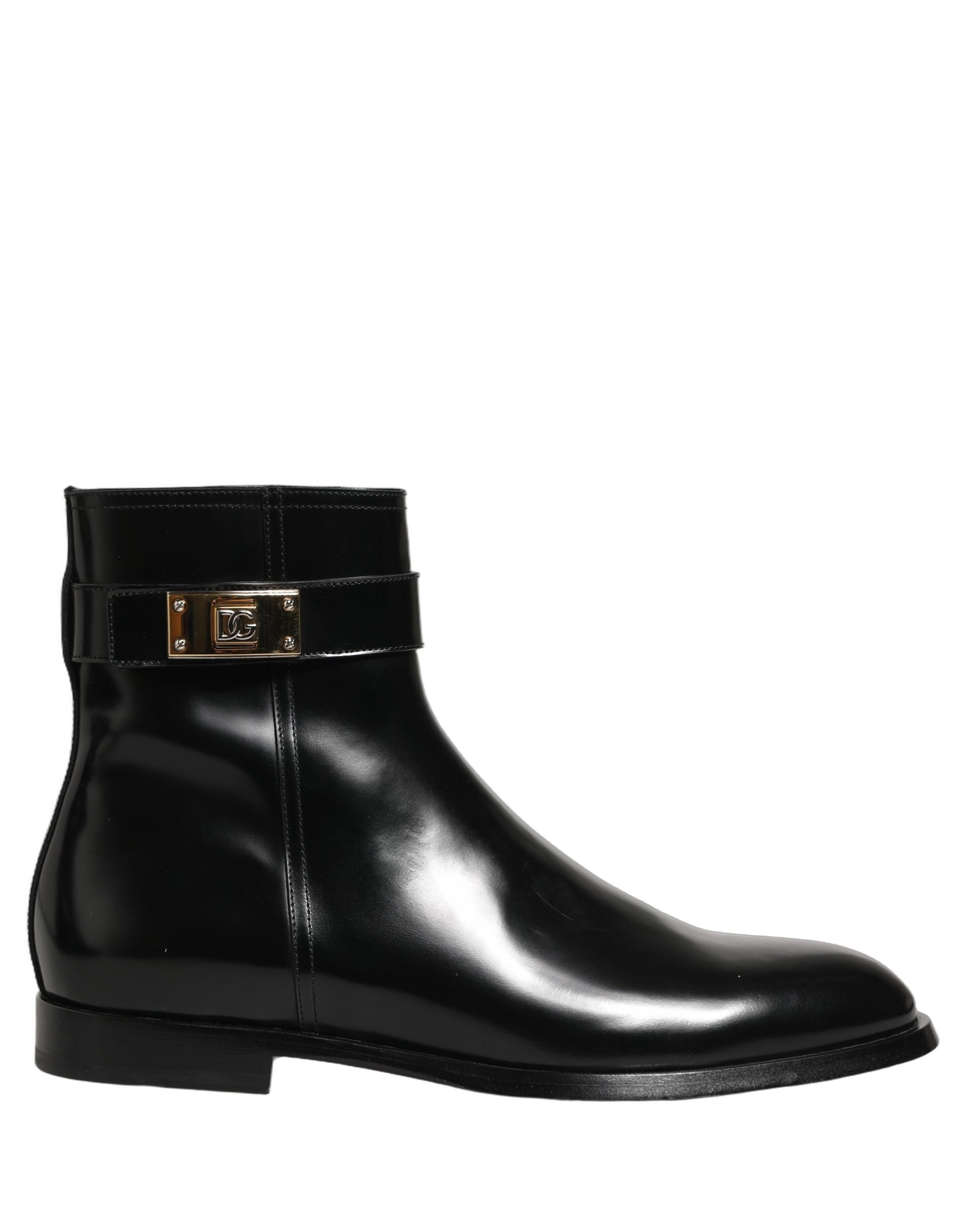 Black Leather Logo Buckle Mid Calf Boots Shoes