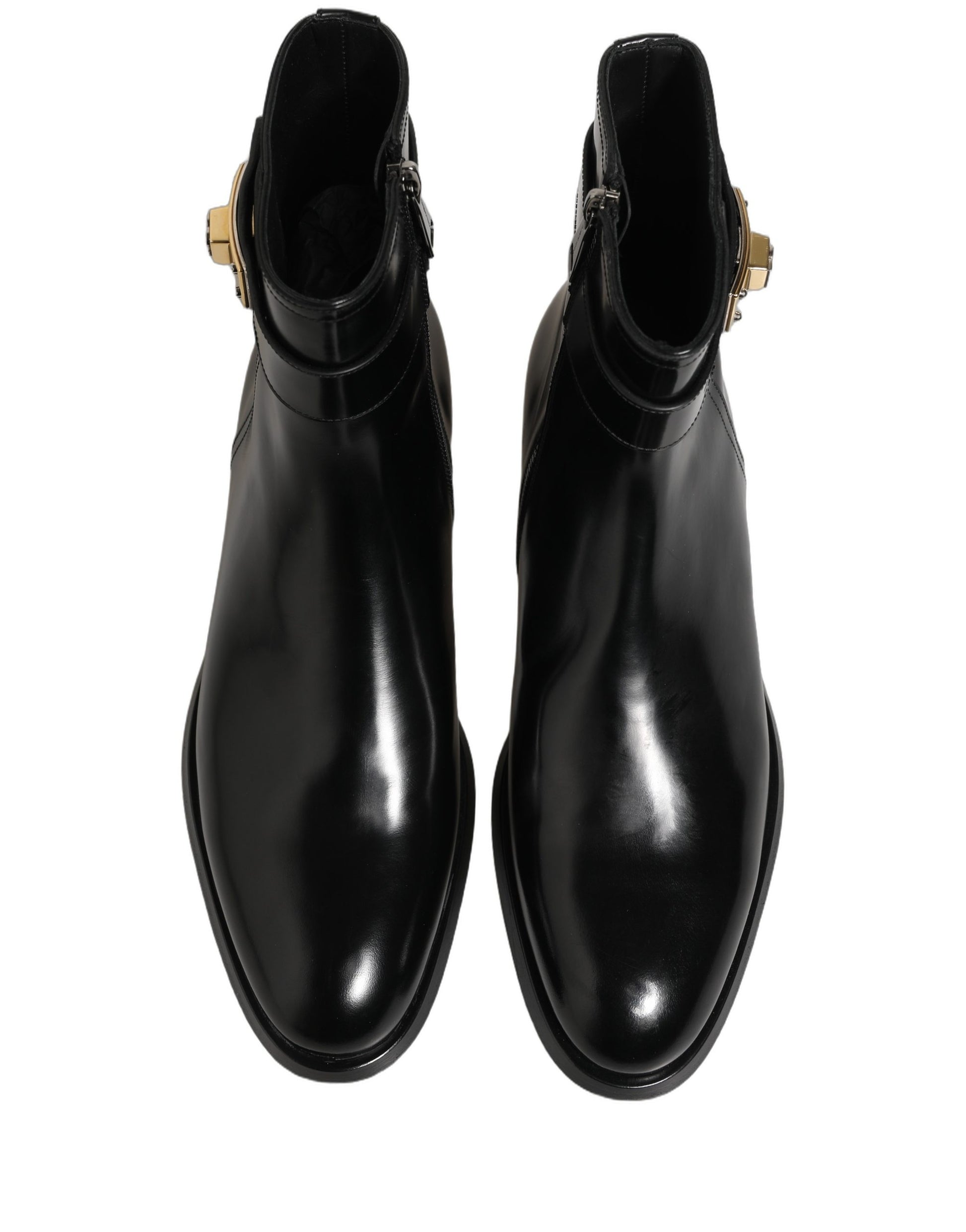 Black Leather Logo Buckle Mid Calf Boots Shoes