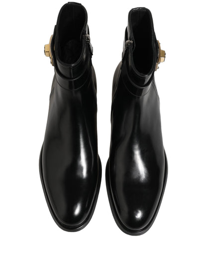 Black Leather Logo Buckle Mid Calf Boots Shoes