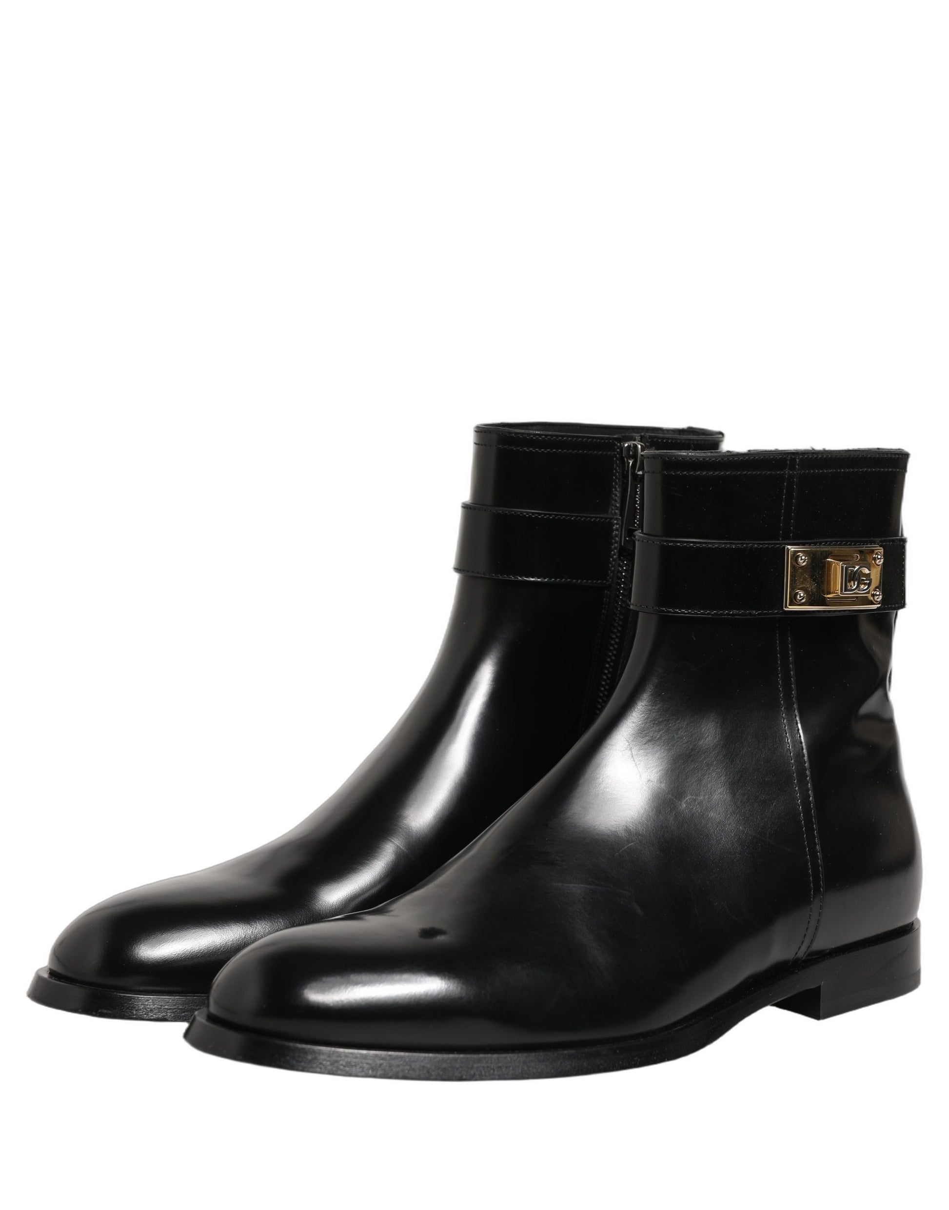 Black Leather Logo Buckle Mid Calf Boots Shoes