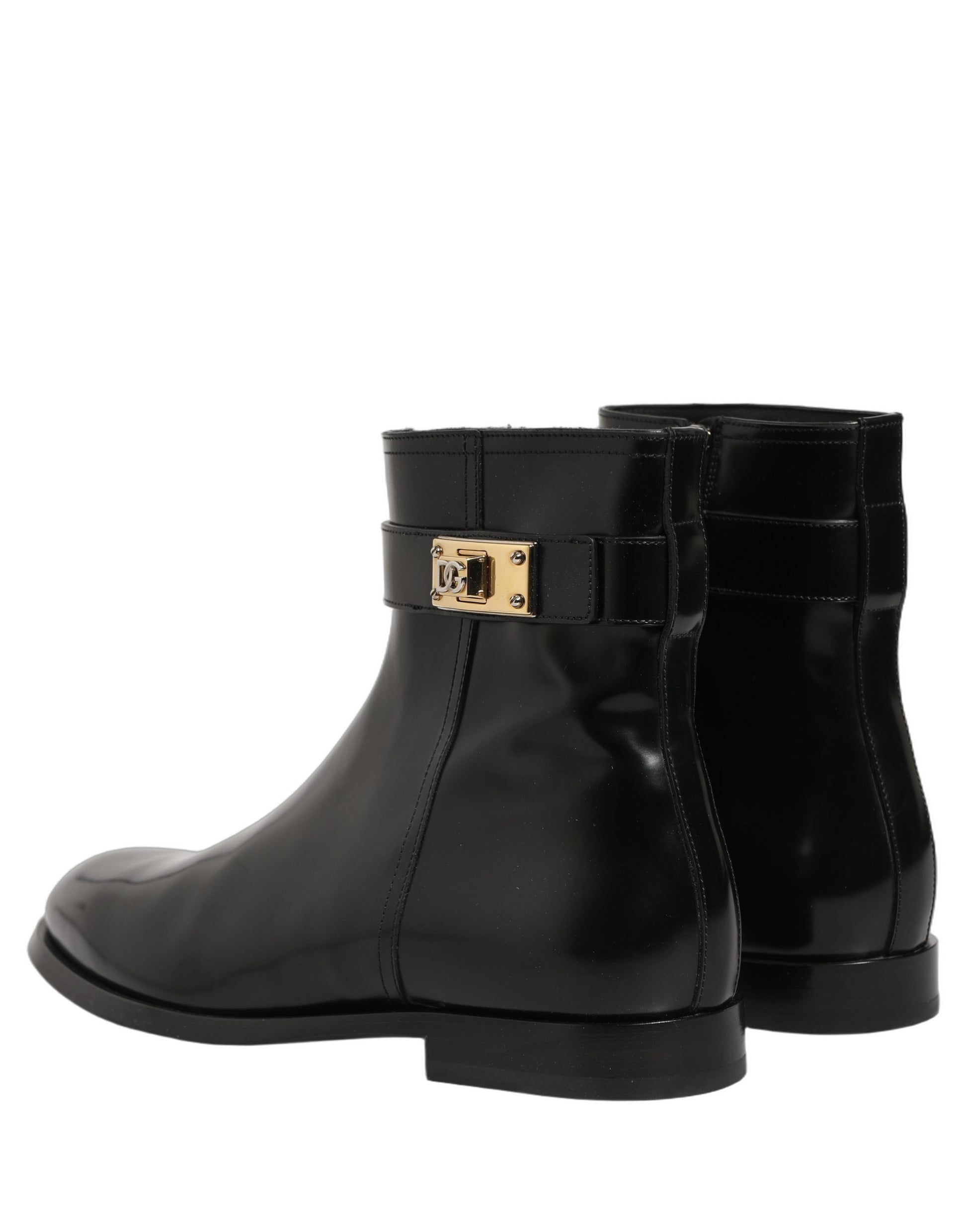 Black Leather Logo Buckle Mid Calf Boots Shoes