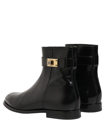Black Leather Logo Buckle Mid Calf Boots Shoes