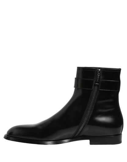 Black Leather Logo Buckle Mid Calf Boots Shoes