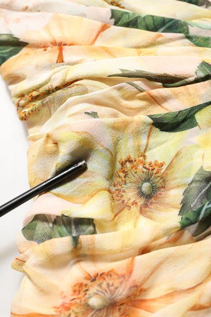 Yellow Floral Print Silk Pleated Maxi Dress
