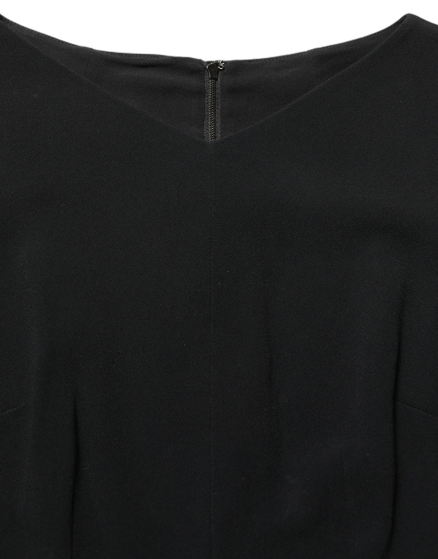 Black Viscose Short Sleeve A-line Midi Dress