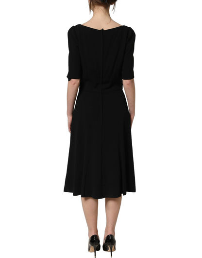 Black Viscose Short Sleeve A-line Midi Dress