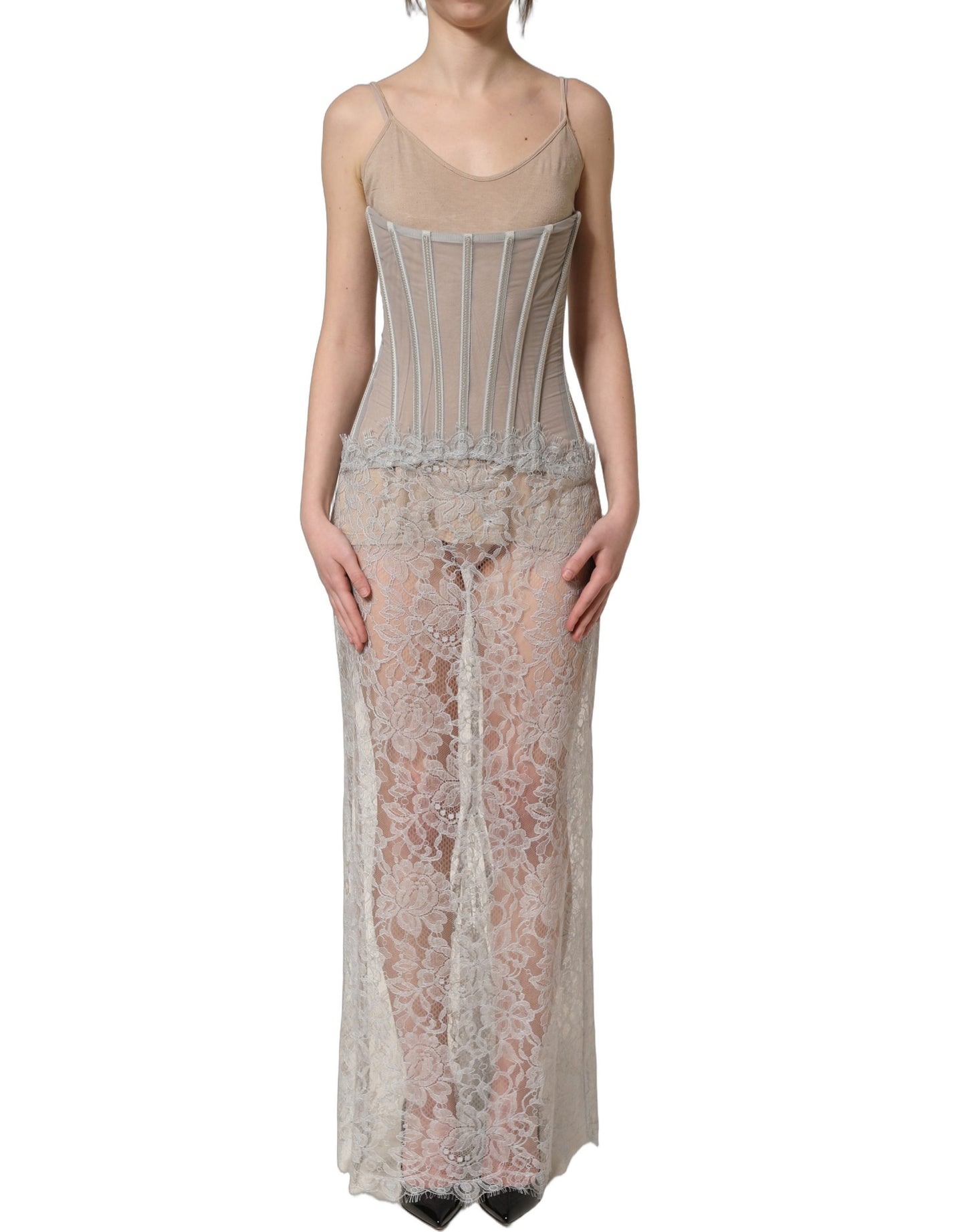 Gray Lace Corset Style Bodice Maxi Dress