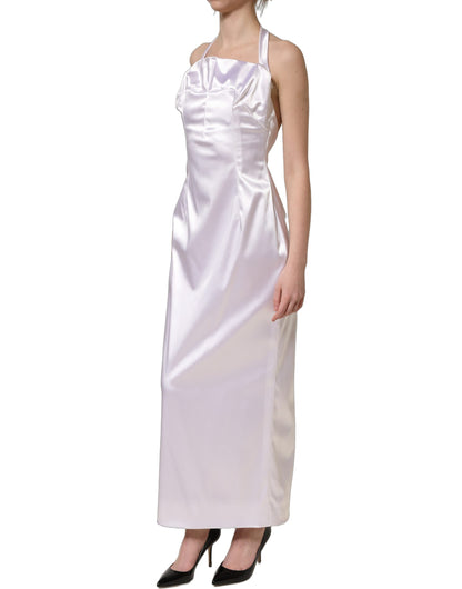 White Satin Halter Backless Long Gown Dress