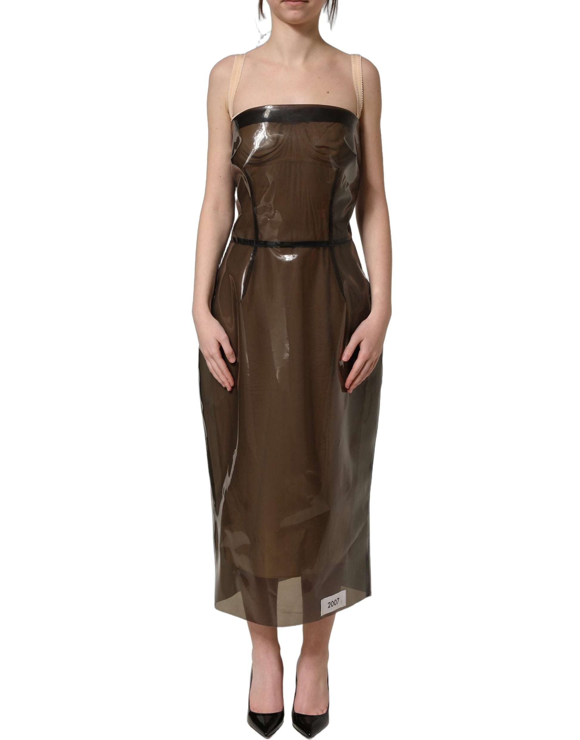 Brown Transparent Vinyl Sheath Midi Dress