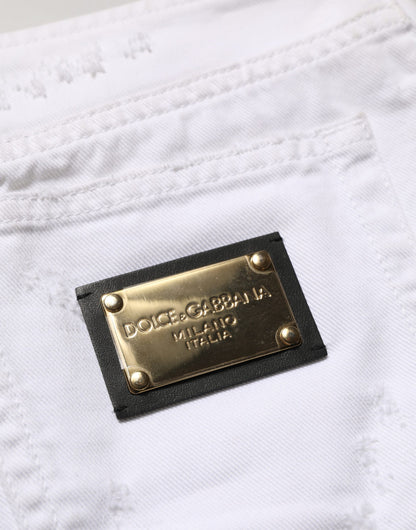 White Distressed Cotton Denim Mini Skirt