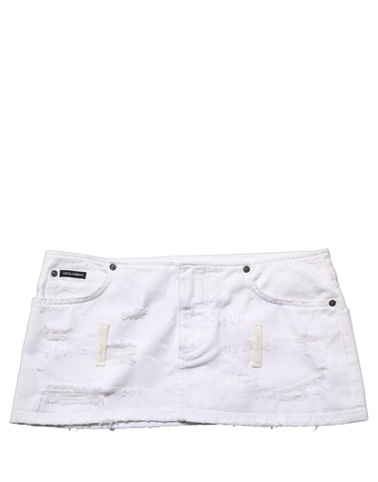 White Distressed Cotton Denim Mini Skirt