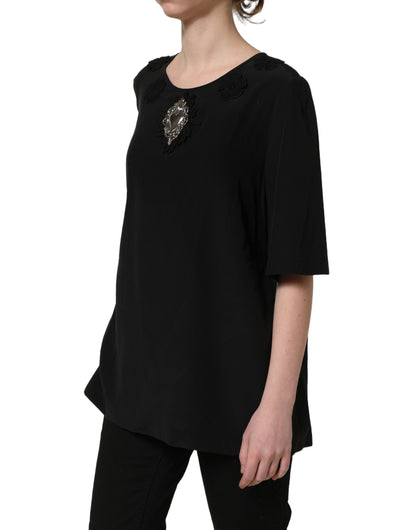 Black Floral Silk Heart Appliqué Blouse Top