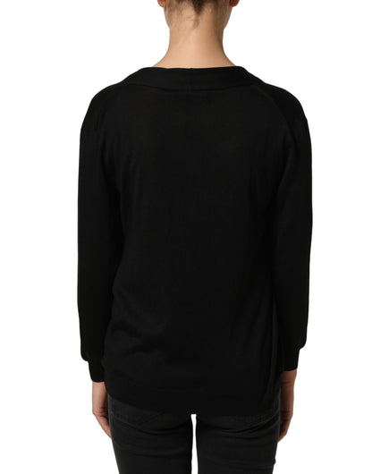 Black Silk Long Sleeves Draped Blouse Top