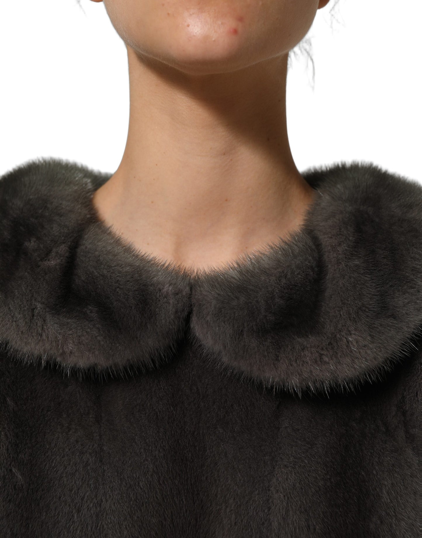 Dark Gray Mink Fur Round Collar Blouse Top