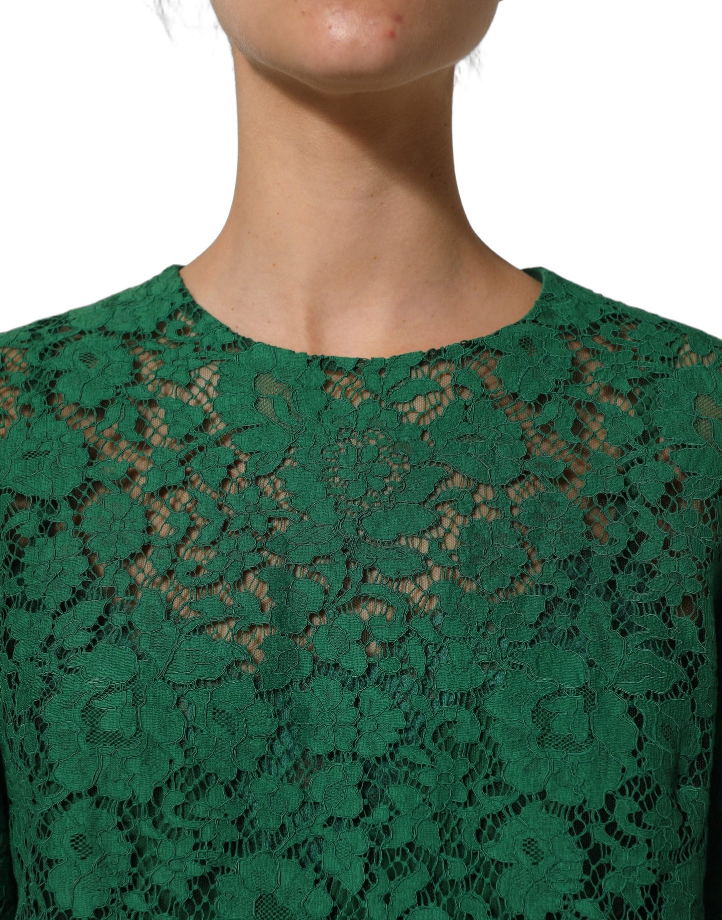 Green Floral Lace Round Neck Blouse Top