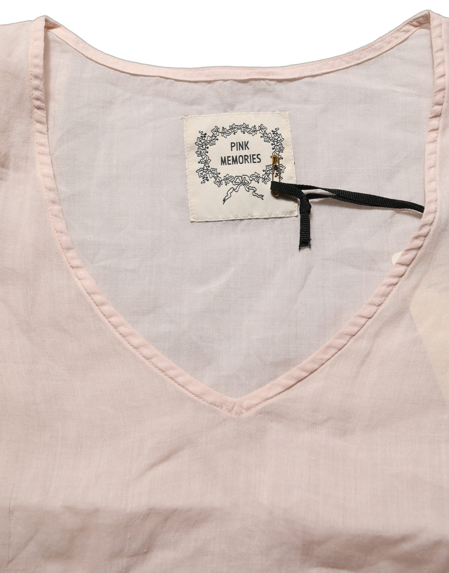 Light Pink Linen V-Neck Long Sleeves Blouse Top