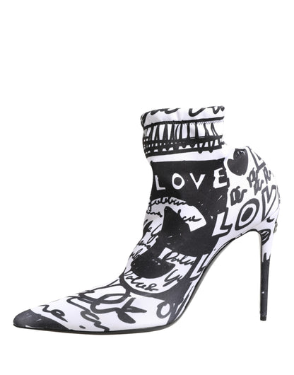 White Graffiti Stretch Ankle Boots Shoes
