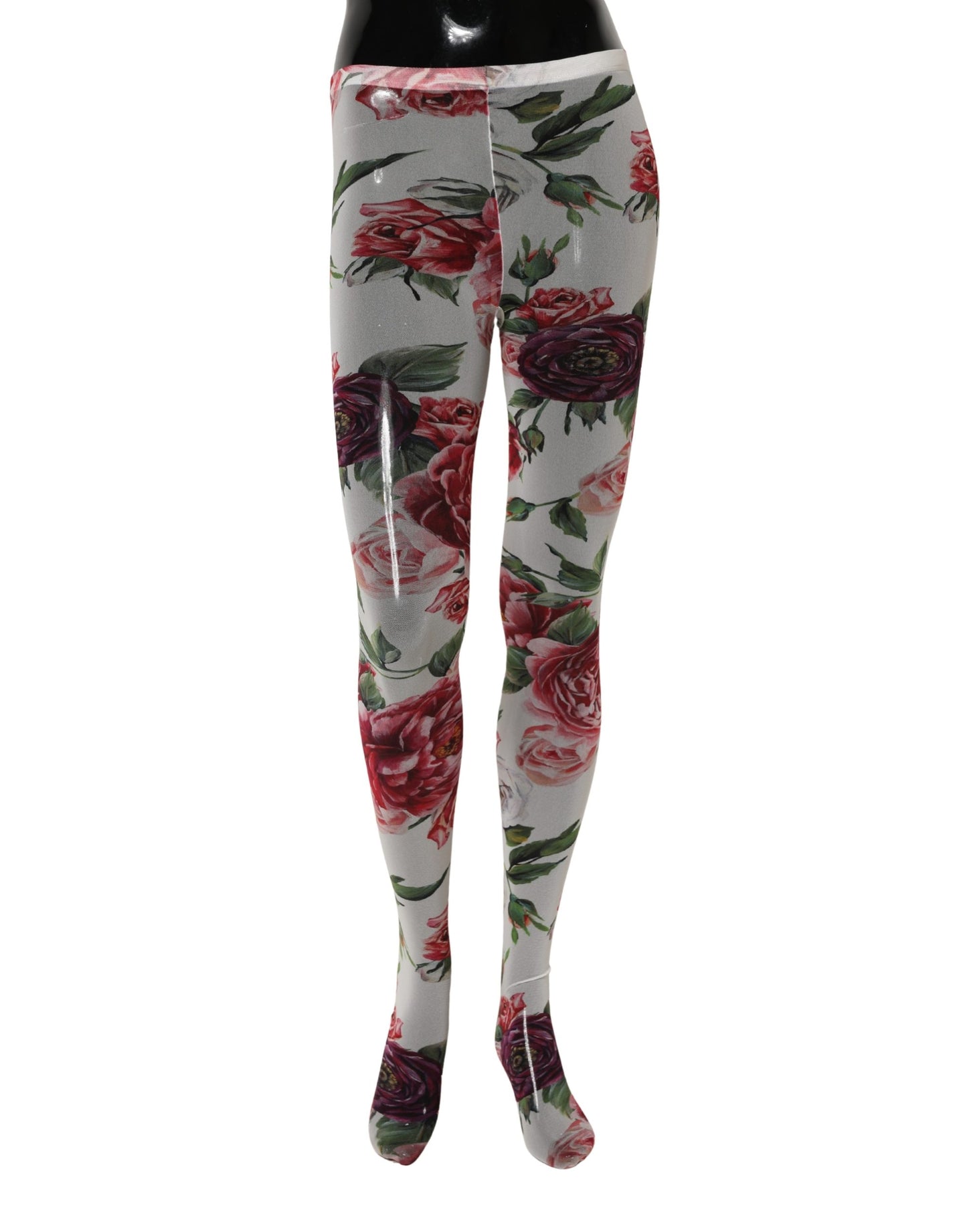 White Nylon Floral Print Tights Stockings Socks