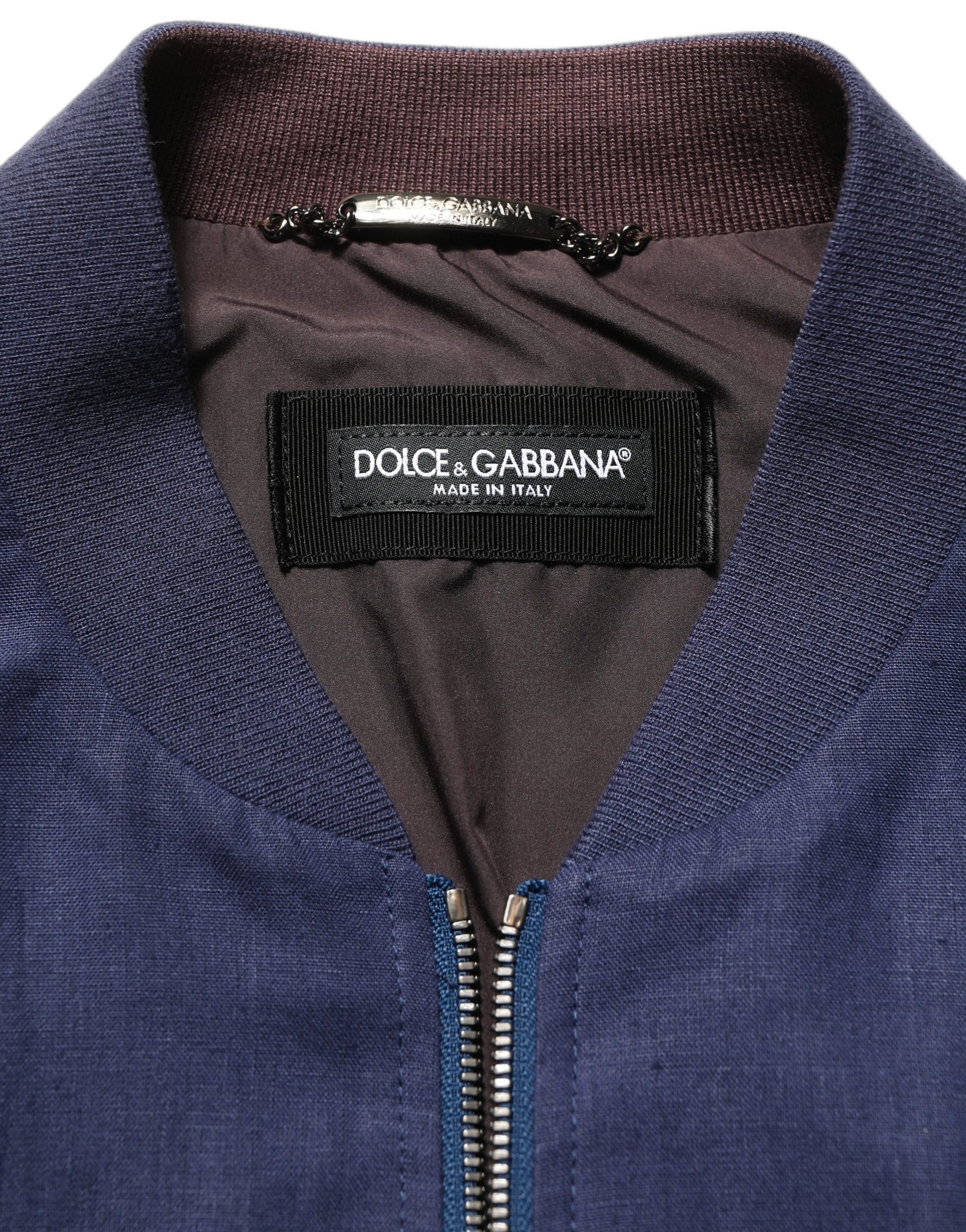 Blue Linen Full Zip Men Bomber Jacket