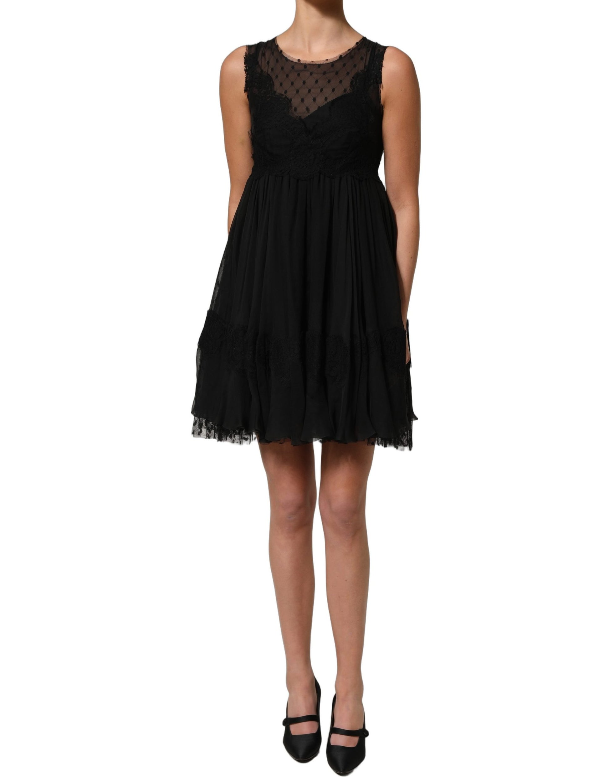 Black Lace Trim Sleeveless A-line Mini Dress