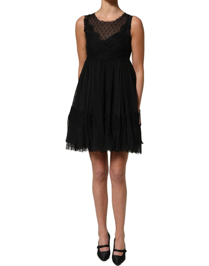 Black Lace Trim Sleeveless A-line Mini Dress