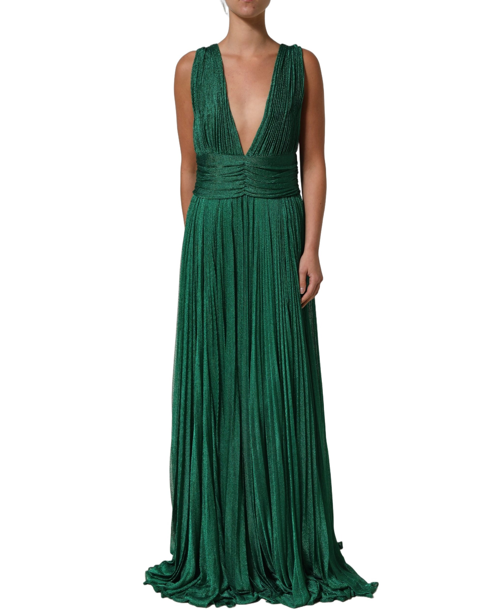 Metallic Green Sleeveless Plissé Gown Dress