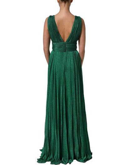 Metallic Green Sleeveless Plissé Gown Dress
