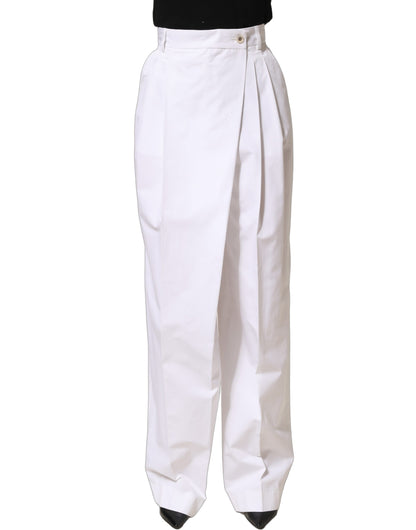White Cotton High Waist Pleated Wide Leg Pants