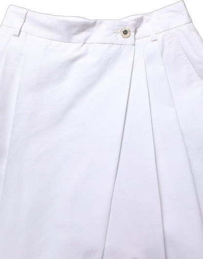 White Cotton High Waist Pleated Wide Leg Pants