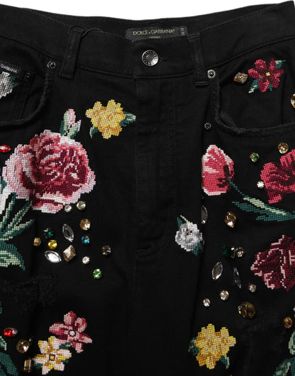 Black Floral Cotton High Waist Tapered Pants