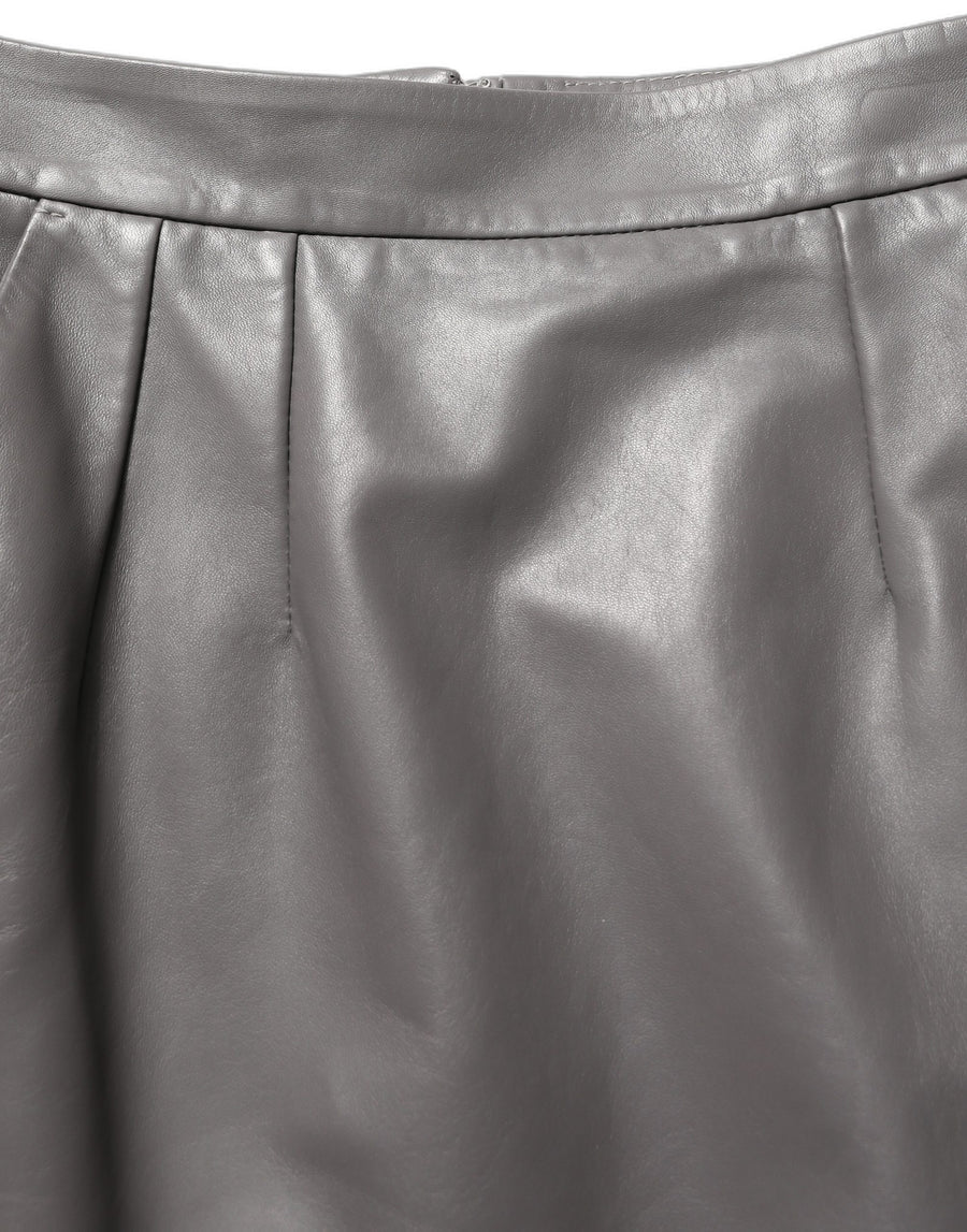 Gray Leather High Waist Pencil Cut Midi Skirt