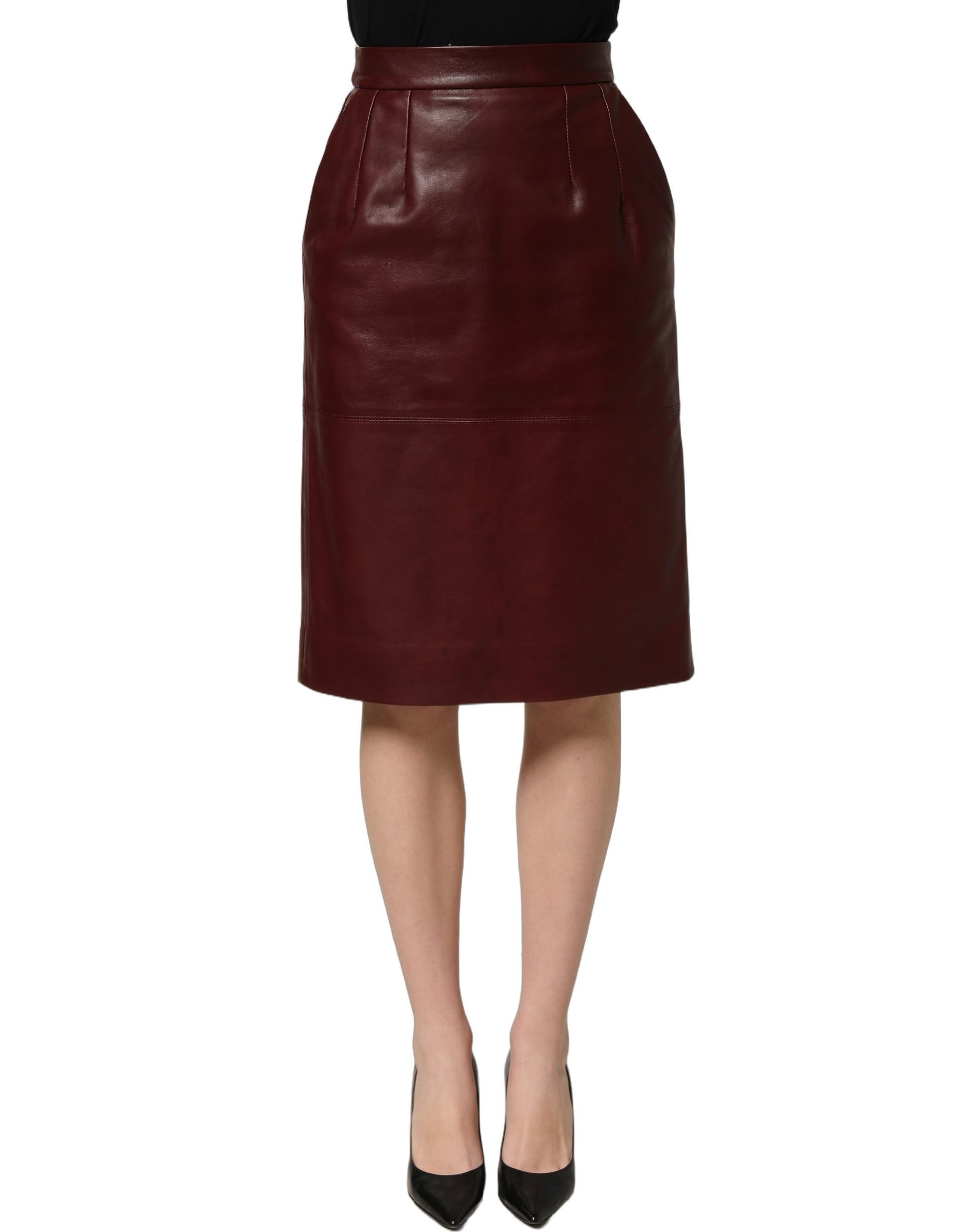 Burgundy Leather High Waist Pencil Midi Skirt