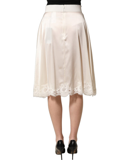 Off White Lace Trimmed Satin High Waist Skirt