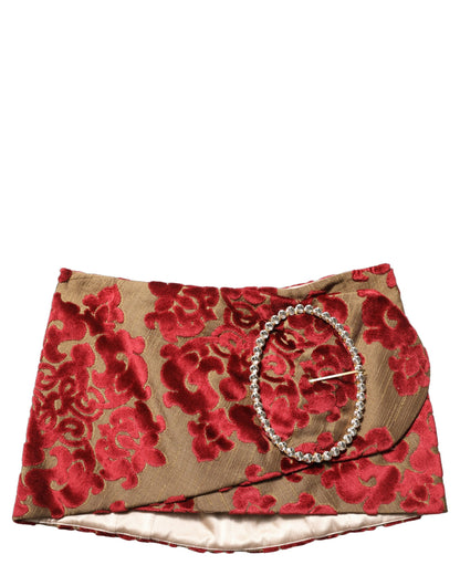 Maroon Floral Jacquard Rhinestone Mini Skirt