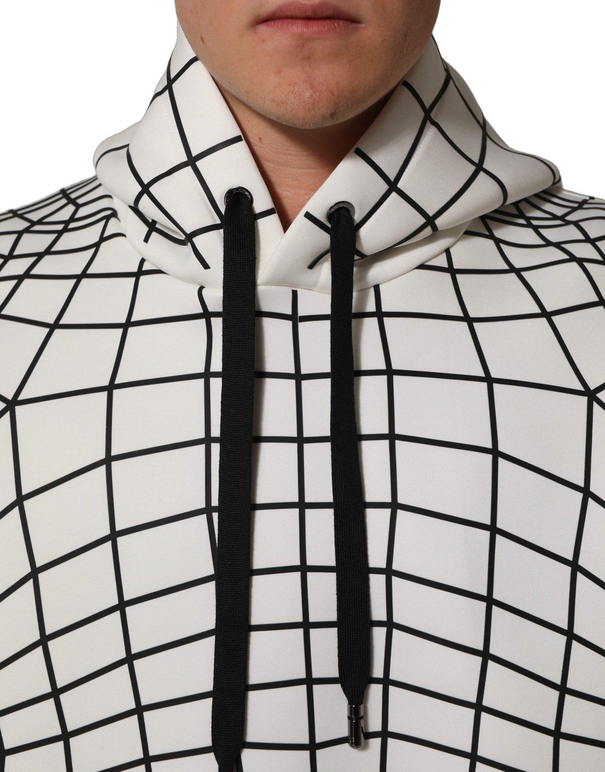 White Black WarpGrid Pattern Hoodie Sweater