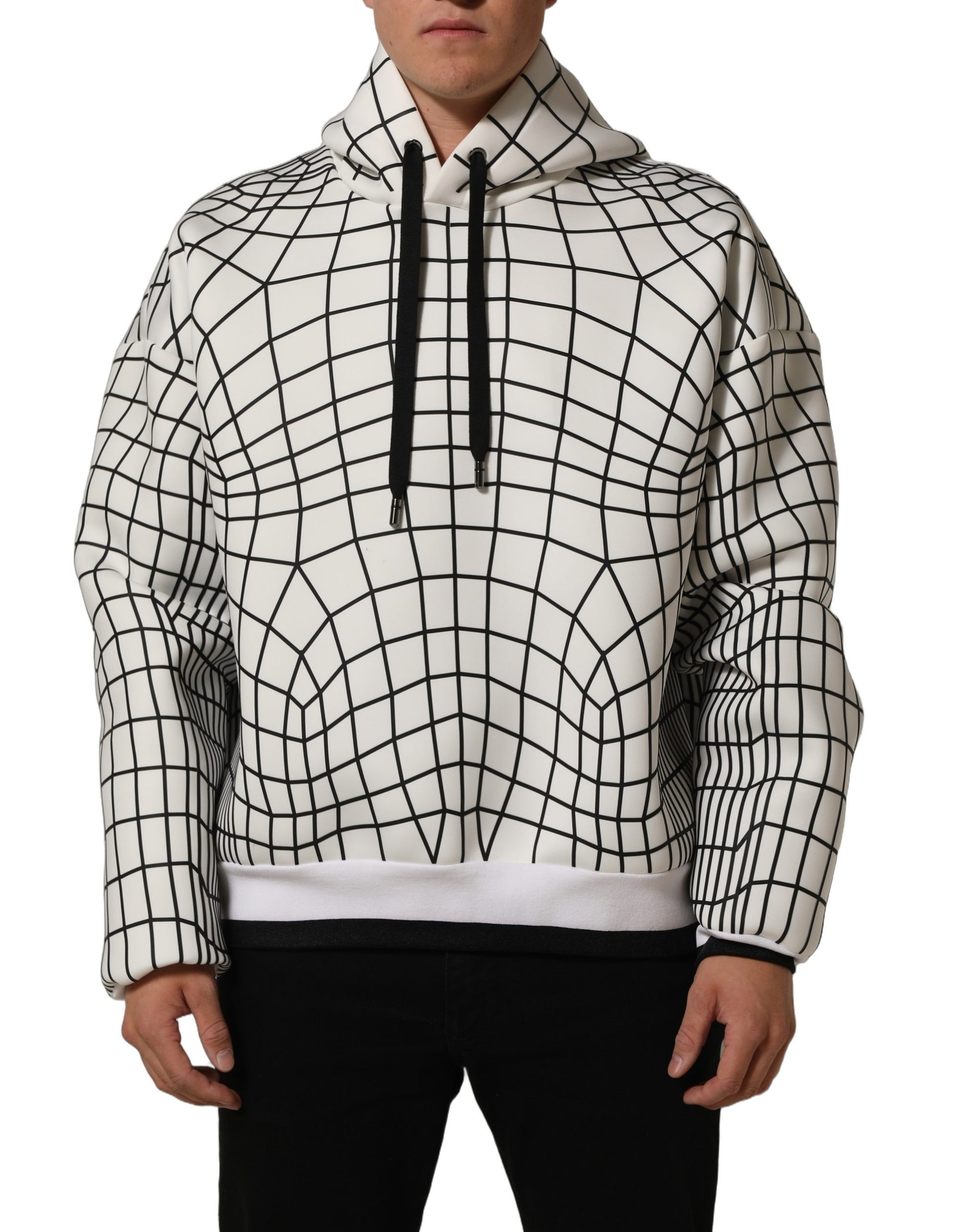 White Black WarpGrid Pattern Hoodie Sweater