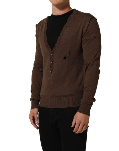 Brown Flax Buttoned V-neck Pullover Sweater