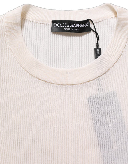 White Silk Crew Neck Men Pullover Sweater