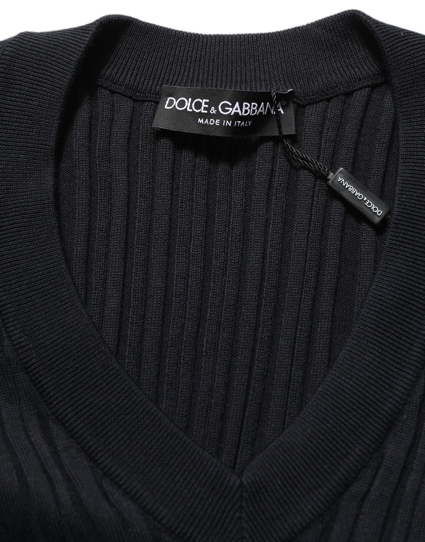 Black Silk Blend V-neck Pullover Men Sweater