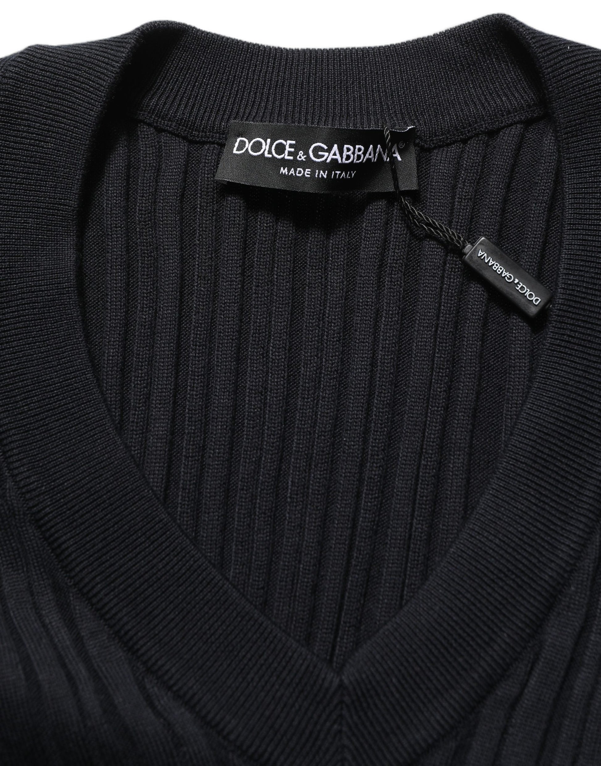 Black Silk Blend V-neck Pullover Men Sweater