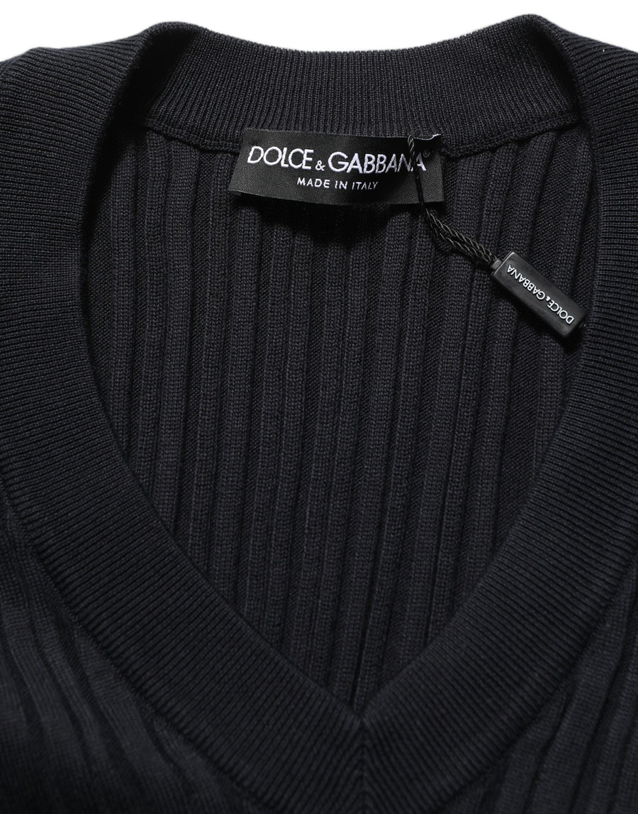 Black Silk Blend V-neck Pullover Men Sweater