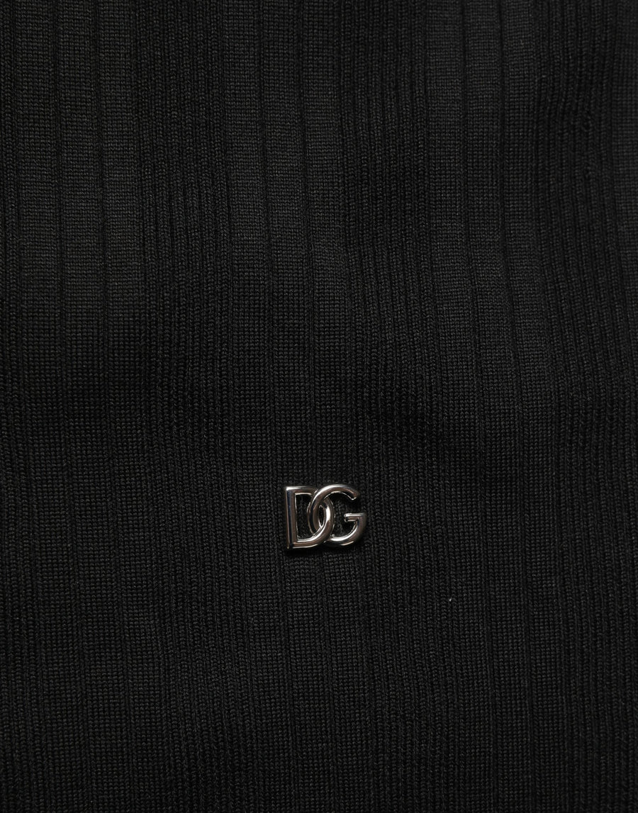 Black Silk Blend Henley Pullover Men Sweater