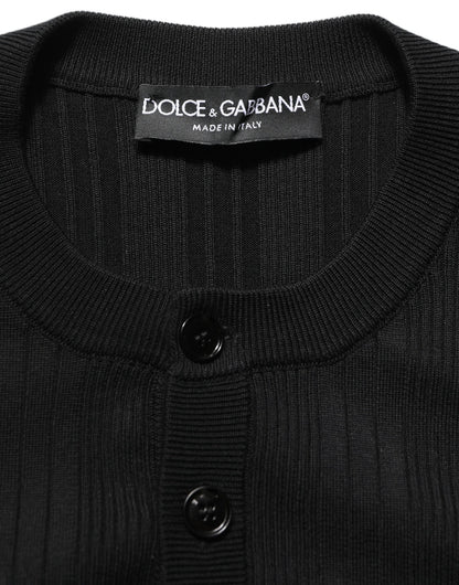 Black Silk Blend Henley Pullover Men Sweater