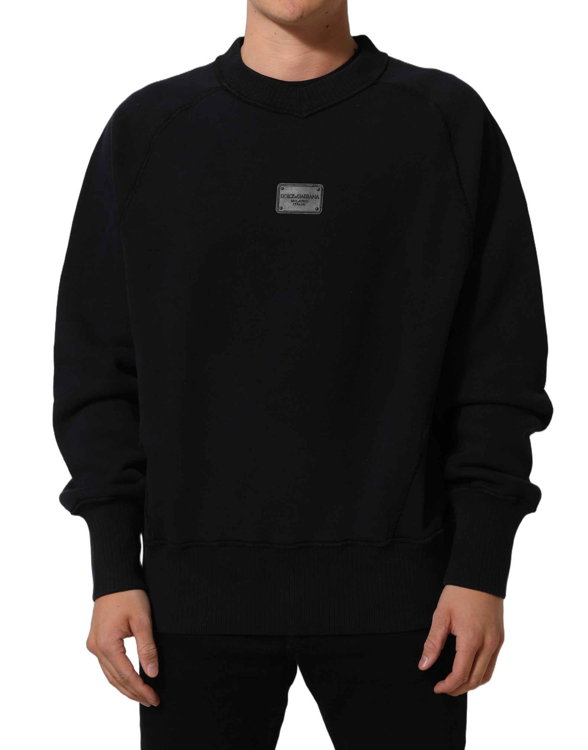 Black Logo Plaque Cotton Crew Neck Pullover Sweater