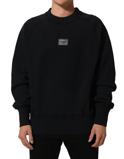 Black Logo Plaque Cotton Crew Neck Pullover Sweater