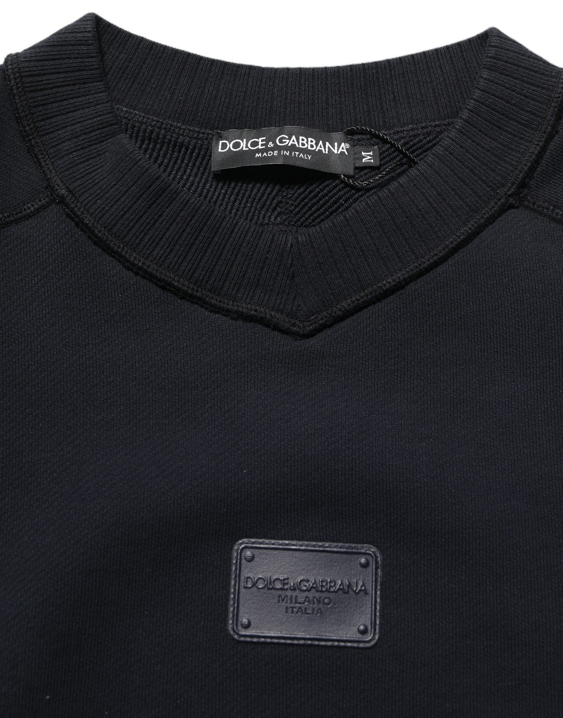 Black Logo Plaque Cotton Crew Neck Pullover Sweater